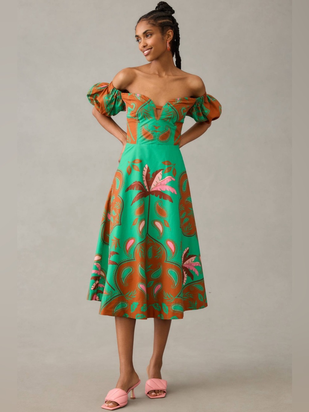 Maeve Anthropologie Puff-Sleeve Sweetheart Midi Dress Green Tropical Print Sz 6